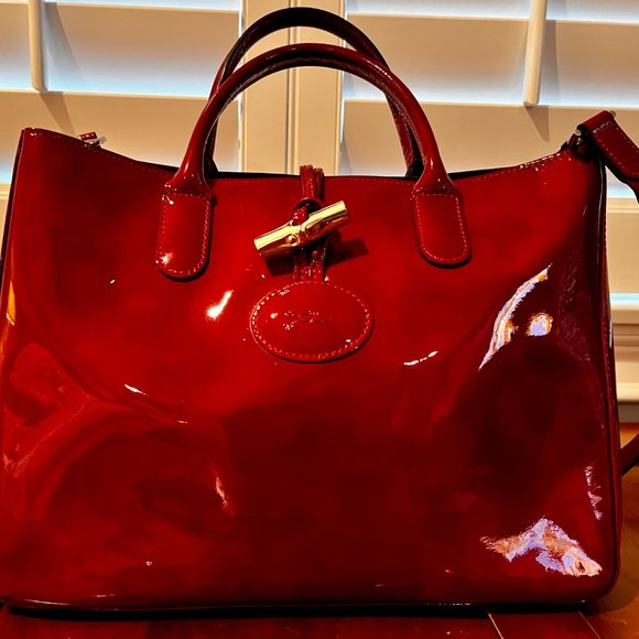 Longchamp Roseau Ruby Red Patent Leather Top Handle Purse with Shoulder Strap - Picture 6 of 7